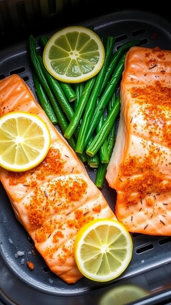 A plate of perfectly cooked salmon fillets with lemon slices and green beans, showcasing a healthy brunch option.