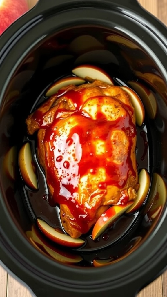 Delicious apple BBQ chicken cooked in a crockpot with apple slices