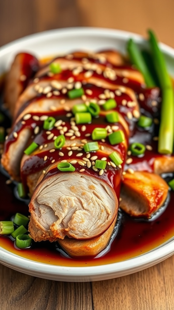 A plate of grilled pork tenderloin garnished with green onions and sesame seeds, drizzled with a ginger soy marinade.