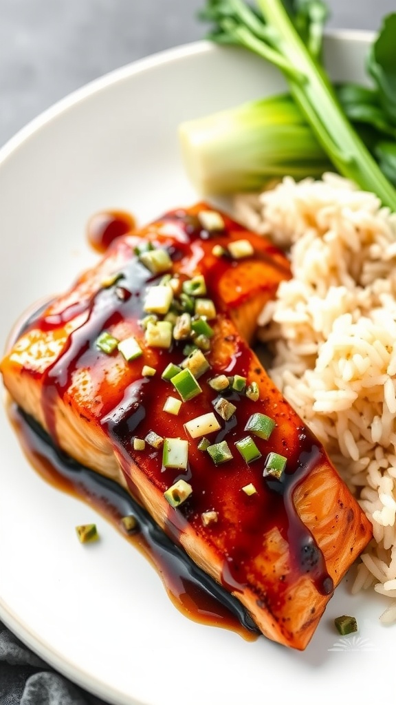 A plate of Asian-inspired salmon with rice and vegetables