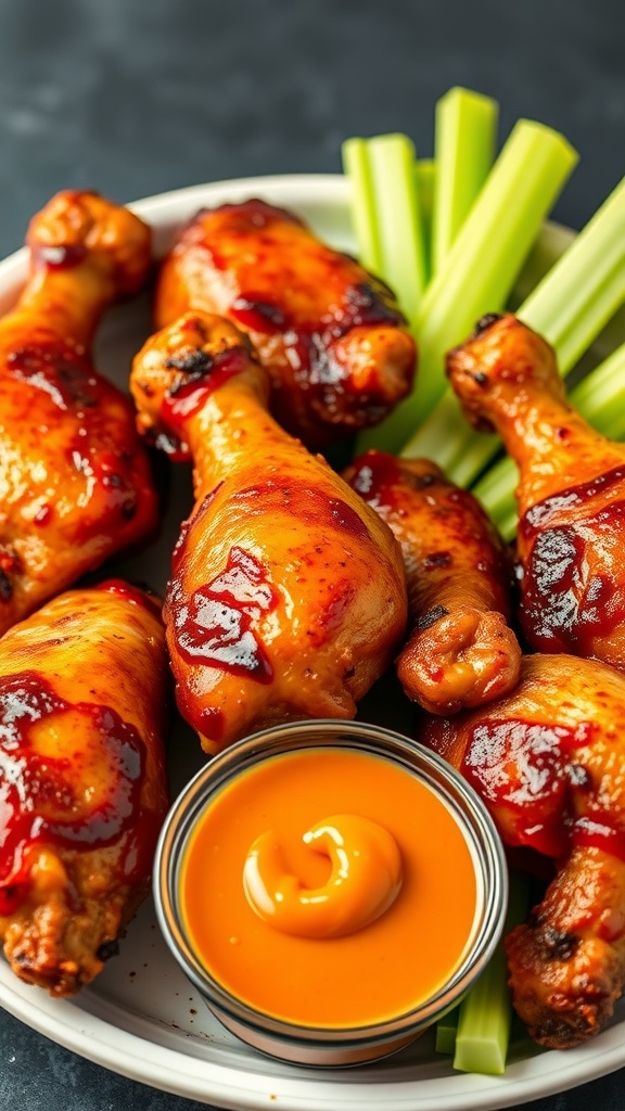 Deliciously baked BBQ chicken drumsticks served with celery and a dipping sauce.