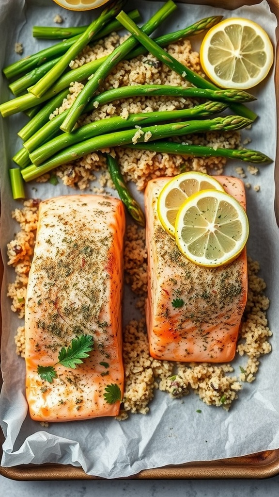 Baked salmon with lemon and herbs served with asparagus.