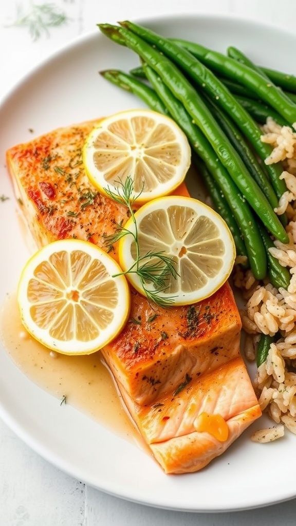 A plate of baked salmon with lemon slices, green beans, and rice.