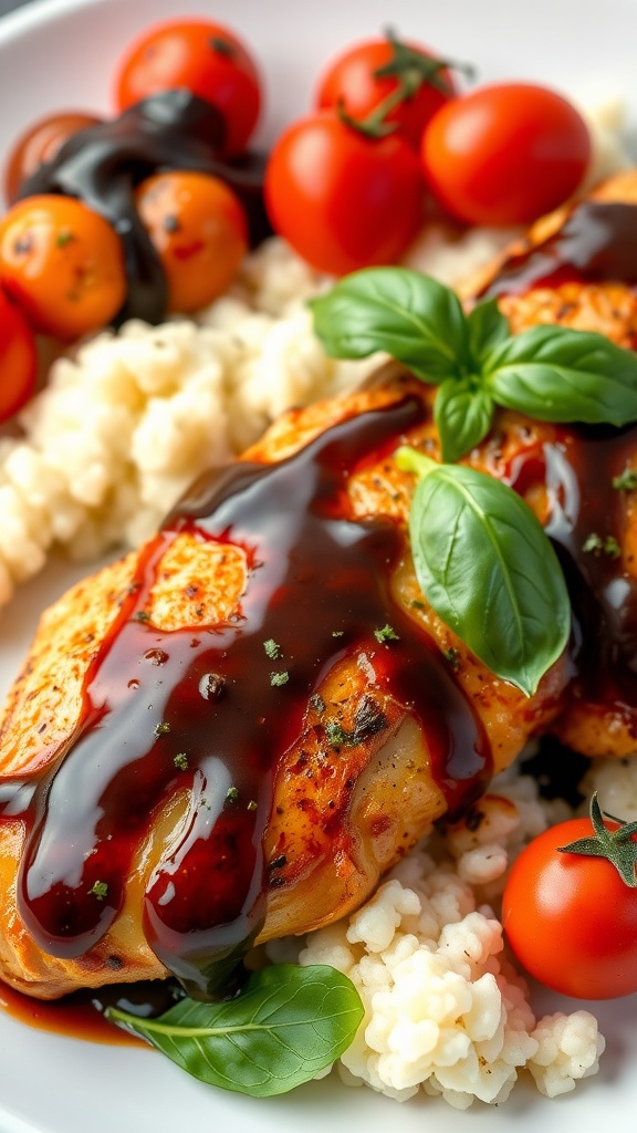Plate of balsamic chicken with cherry tomatoes and fresh basil