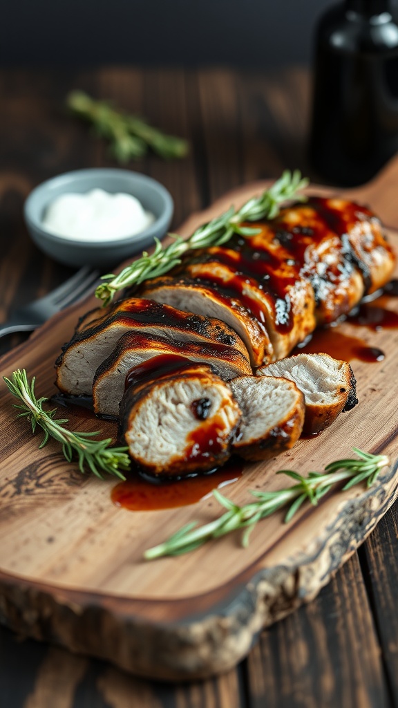 Balsamic vinegar and rosemary infused BBQ pork tenderloin slices on a wooden platter