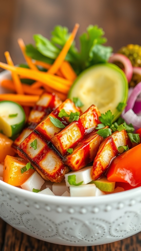A delicious BBQ Ahi Poke Bowl with grilled tuna and fresh vegetables