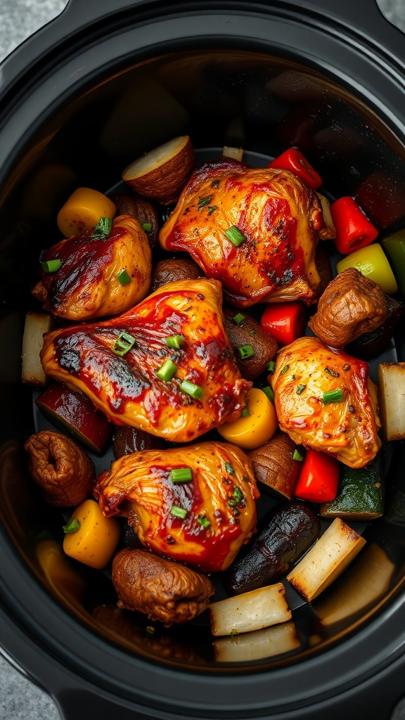 BBQ chicken thighs with mixed vegetables in a crockpot.