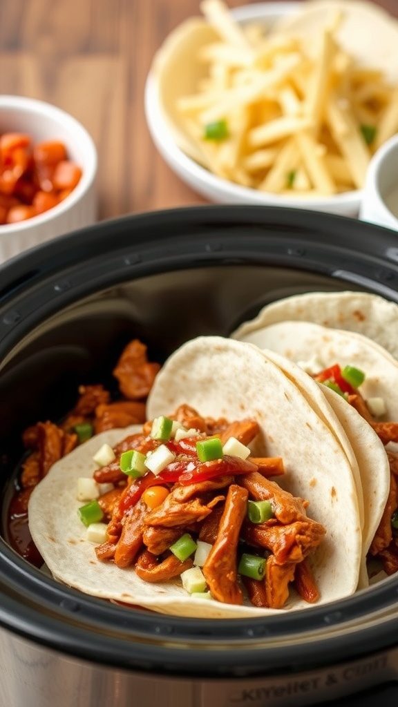 A serving of BBQ chicken tacos with shredded chicken and toppings.
