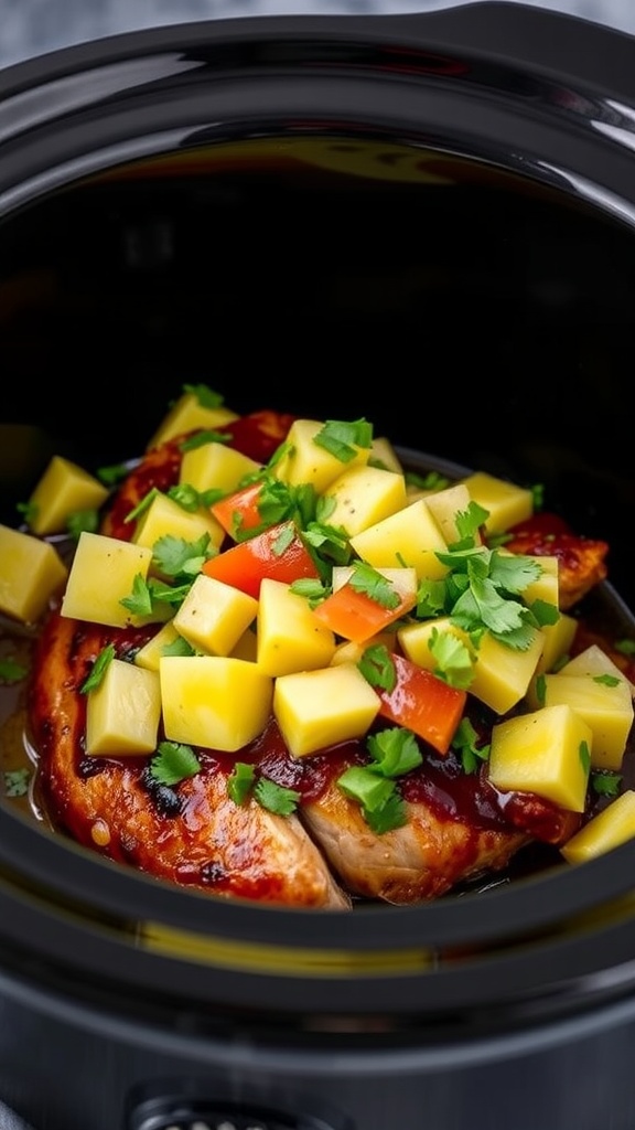 BBQ chicken topped with pineapple salsa in a crockpot