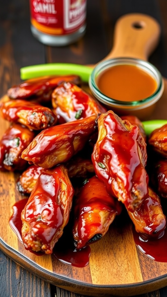 BBQ Maple Bourbon Wings served on a wooden platter
