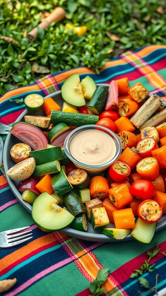 A colorful BBQ veggie platter with grilled vegetables and dipping sauce on a vibrant picnic blanket.