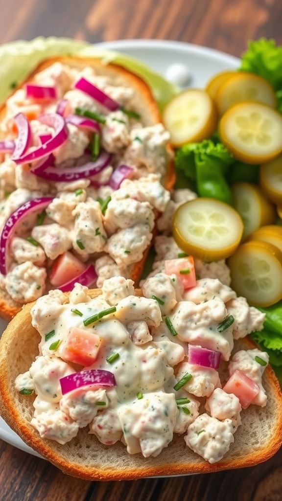 A delicious plate of tuna salad with vegetables served on bread.