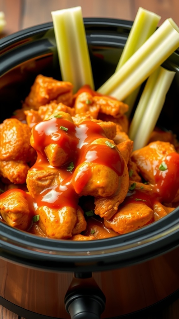 Delicious Buffalo BBQ Chicken in a crockpot with celery sticks.