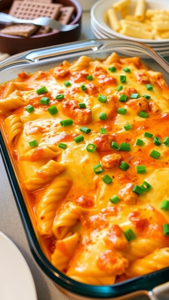 A delicious Buffalo Chicken Pasta Bake, ready to serve.