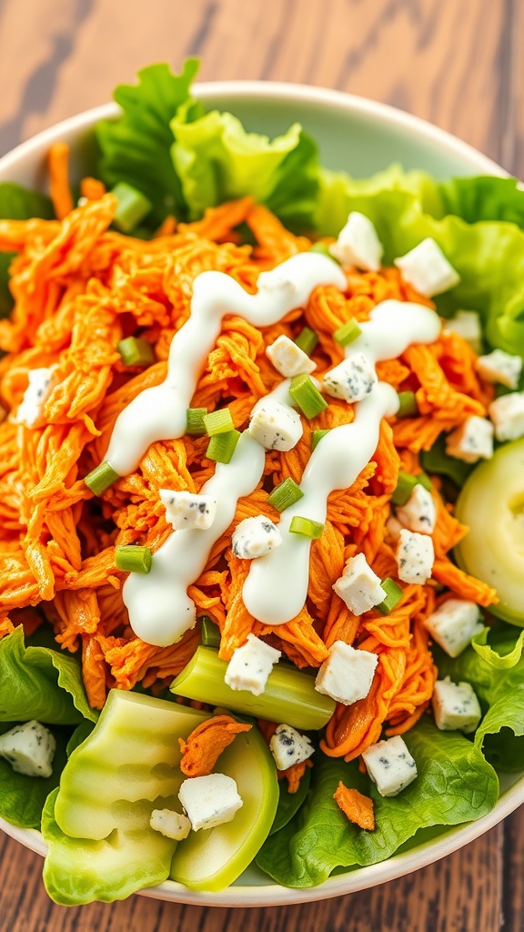 A vibrant bowl of Buffalo Chicken Salad with shredded chicken, lettuce, celery, blue cheese, and ranch dressing.
