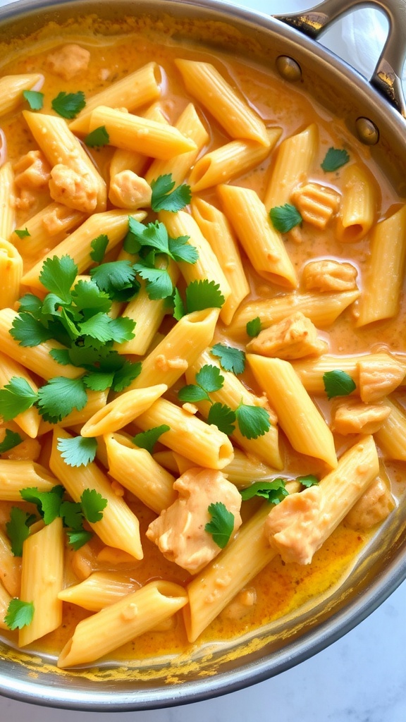 A delicious plate of butter chicken pasta garnished with cilantro.