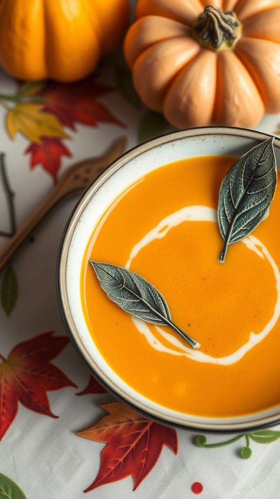 A bowl of butternut squash soup garnished with sage leaves.