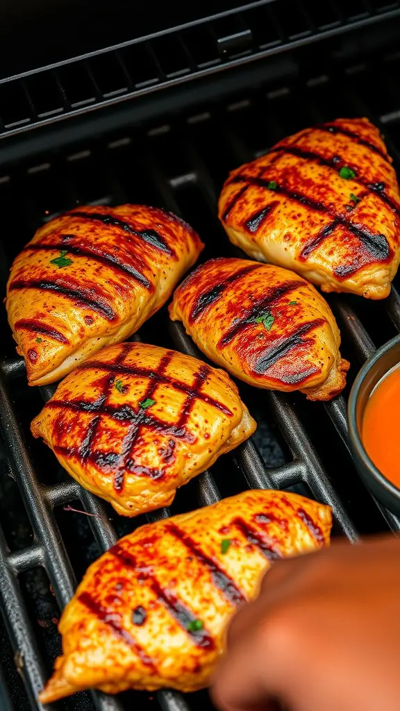 Deliciously grilled Cajun rubbed chicken breasts on a grill.