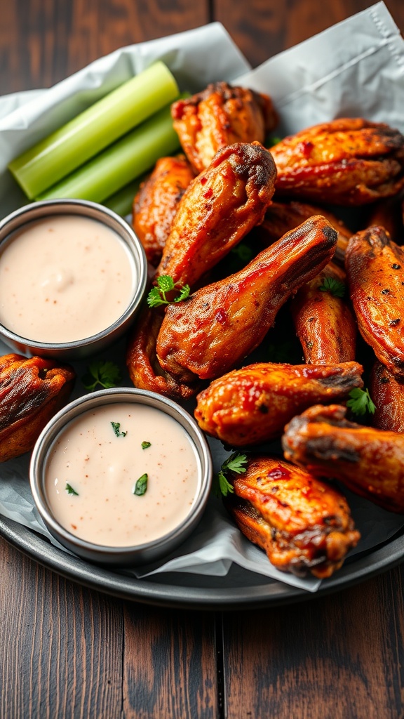 A platter of crispy Cajun spice chicken wings served with dipping sauce and celery sticks.