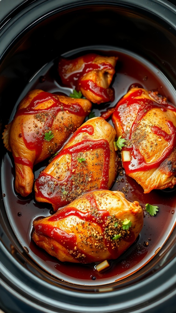 Cajun Spiced BBQ Chicken in a crockpot with sauce and seasoning