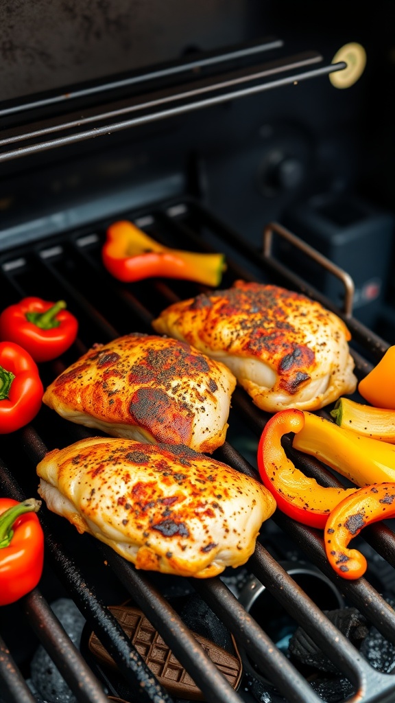 Cajun spiced chicken thighs on a grill with colorful peppers