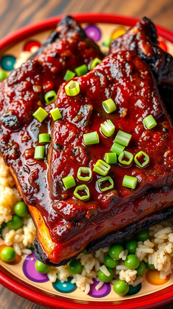 Delicious Caribbean Jerk Ribs served on a plate with rice and peas, garnished with green onions.