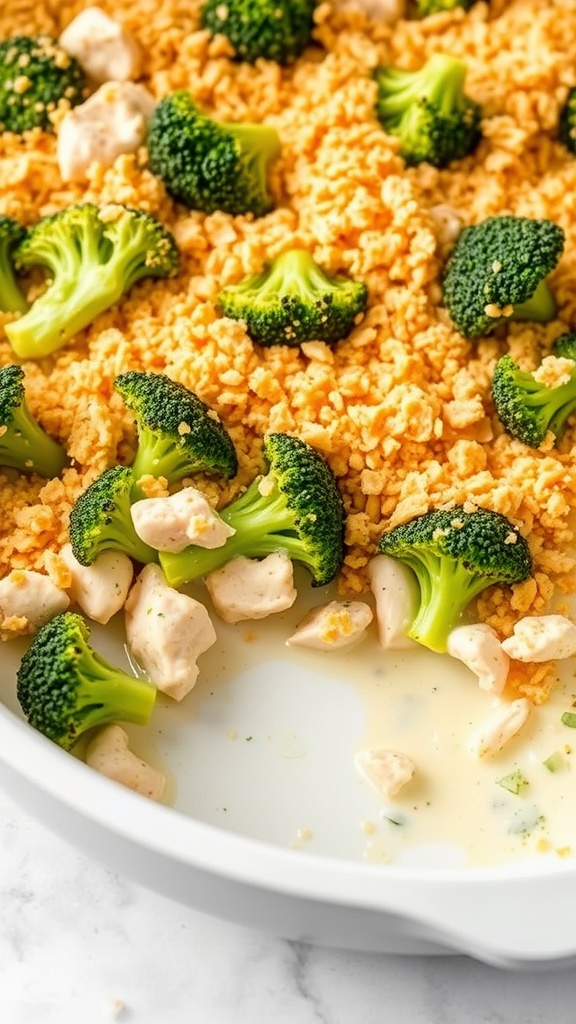 A close-up of Chicken Divan with broccoli and a breadcrumb topping