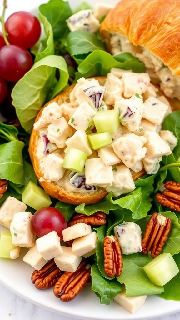 A delicious chicken salad with grapes served in a croissant with greens and nuts.