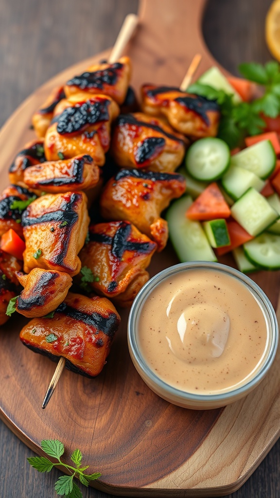 Grilled chicken satay skewers served with peanut sauce and fresh vegetables.