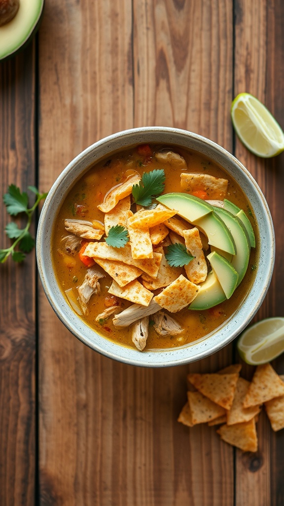 A bowl of Chicken Tortilla Soup topped with tortilla strips, avocado slices, and cilantro.