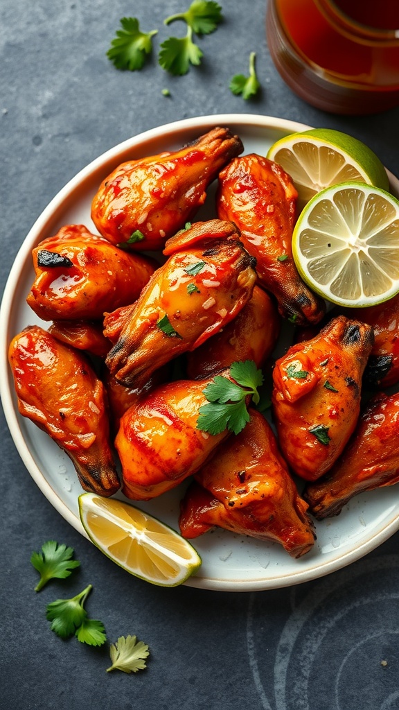 Plate of Chipotle Lime Wings garnished with lime and cilantro