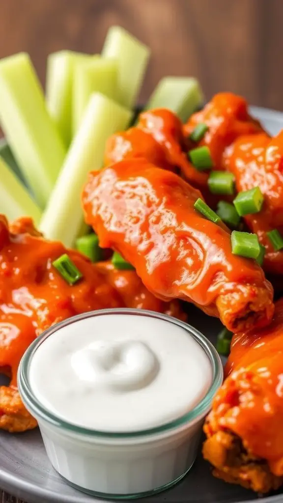 Delicious classic buffalo style chicken wings served with celery sticks and dipping sauce