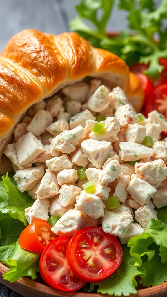 A bowl of classic chicken salad with lettuce and tomatoes