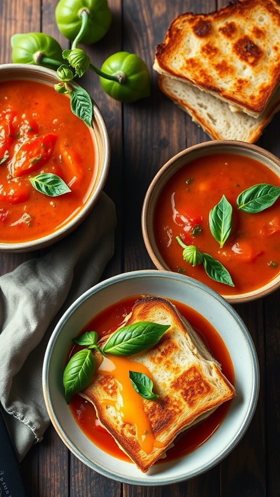 A bowl of classic tomato basil soup with fresh basil leaves and grilled cheese on the side.