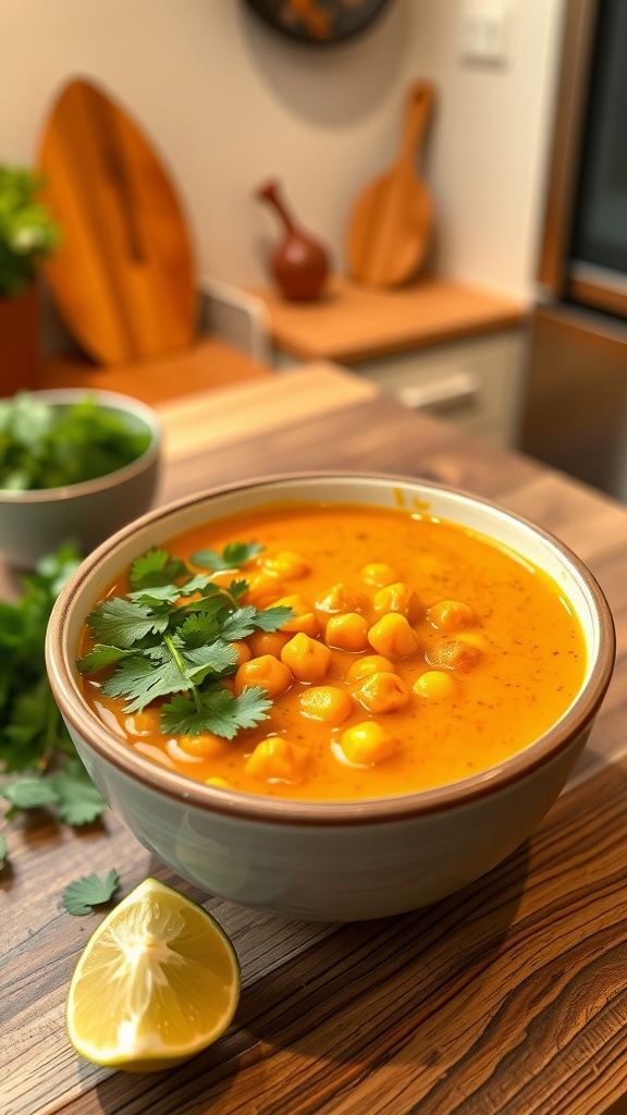 A bowl of Coconut Curry Chickpea Soup garnished with cilantro and a slice of lime on a wooden table.