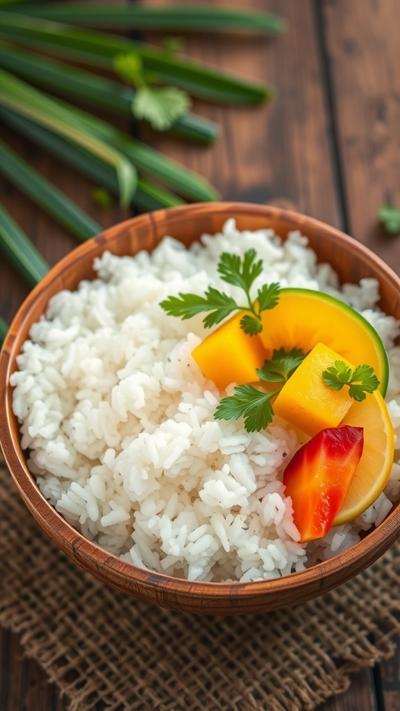 A bowl of fluffy coconut rice garnished with fresh fruit and herbs.