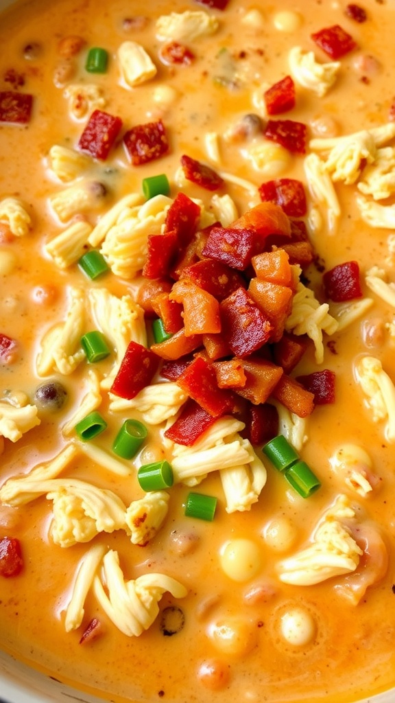 A creamy and savory chicken chili dish topped with green onions and diced peppers.