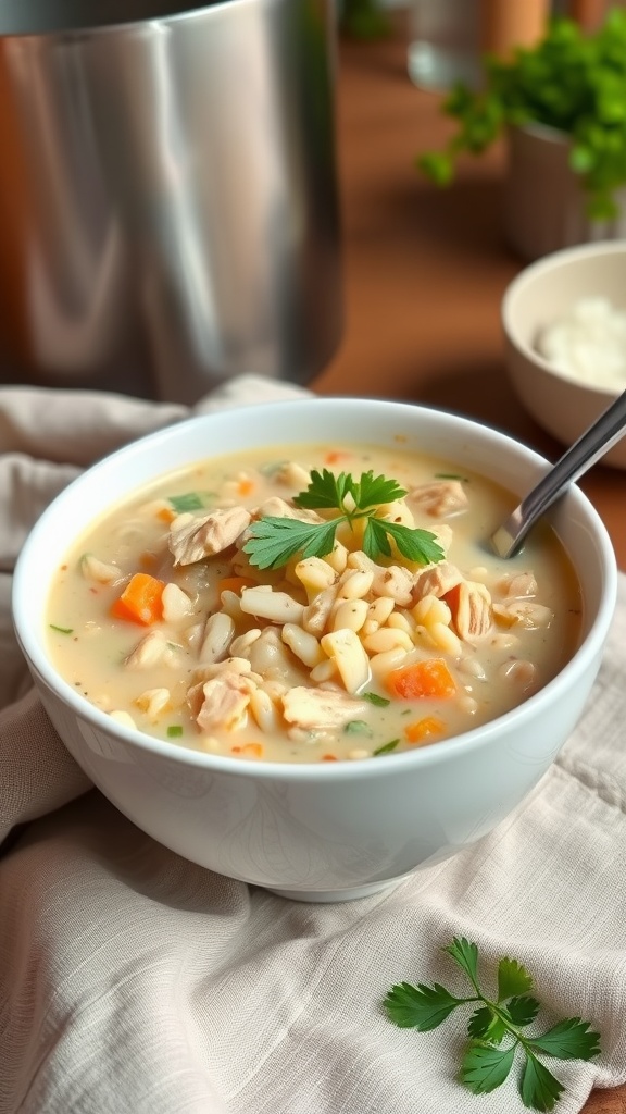 A bowl of creamy chicken and wild rice soup, garnished with parsley.