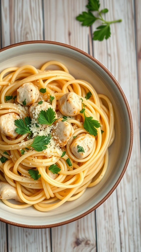 A bowl of creamy garlic chicken pasta topped with parsley and grated cheese.