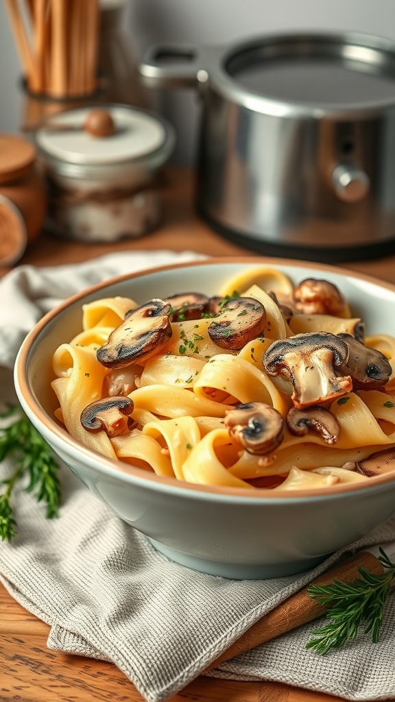 A bowl of creamy mushroom chicken pasta with fettuccine and sliced mushrooms.