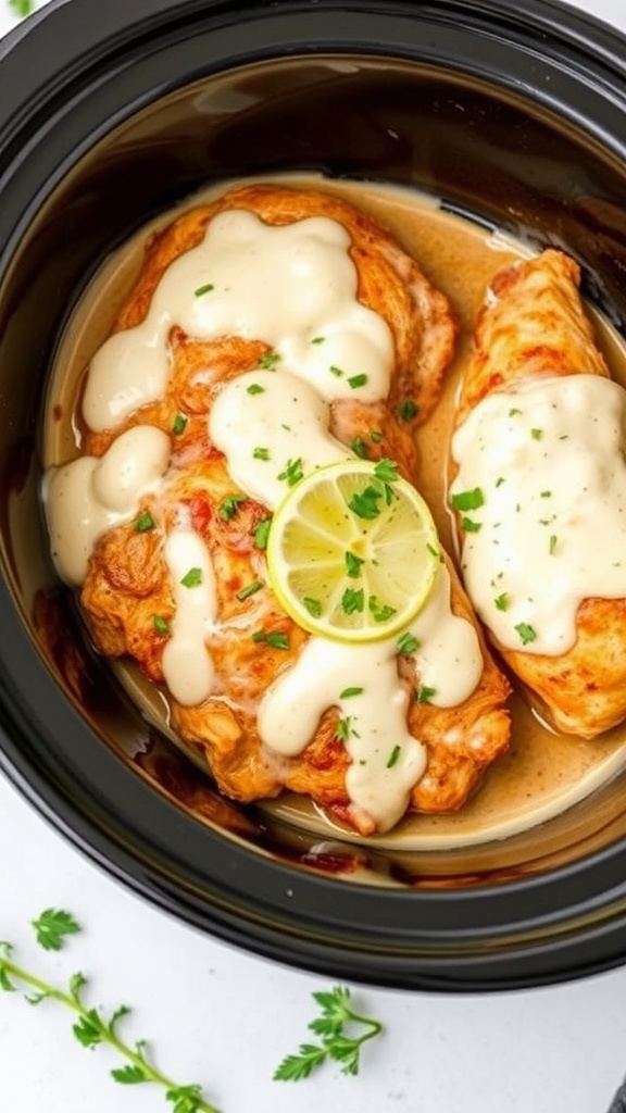 Creamy Ranch BBQ Chicken in a crockpot with a creamy sauce and garnished with parsley.