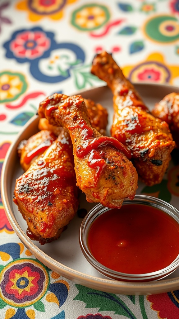 Crispy BBQ chicken legs served on a plate with sauce