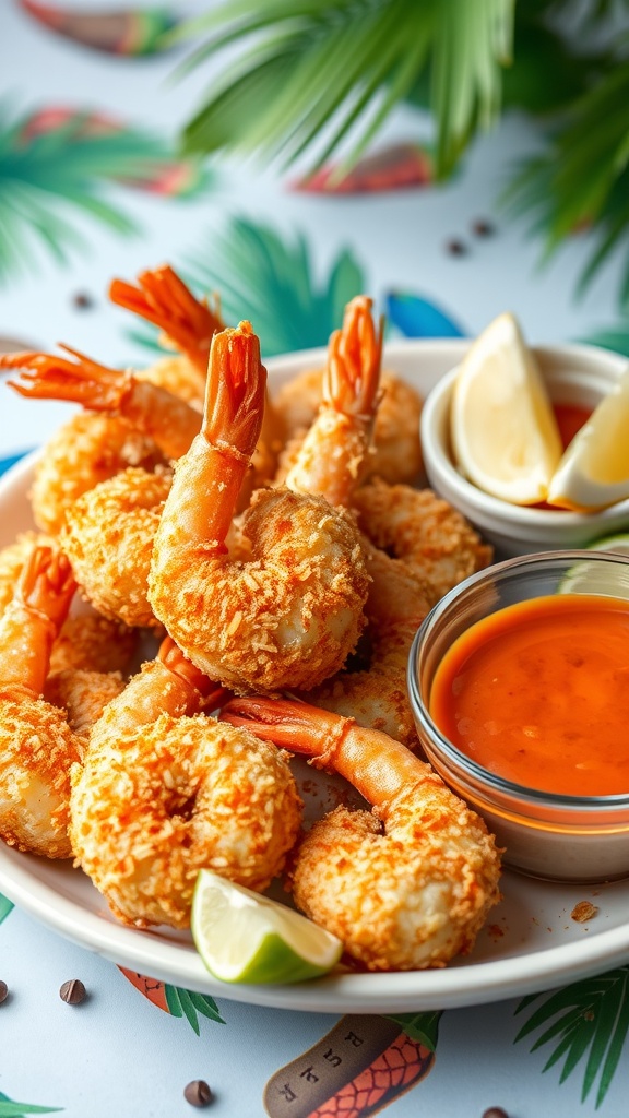 A plate of crispy coconut shrimp with dipping sauce and lime wedges