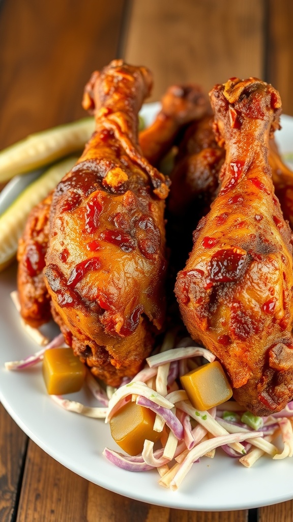 Delicious crispy BBQ chicken legs served on a plate with coleslaw.