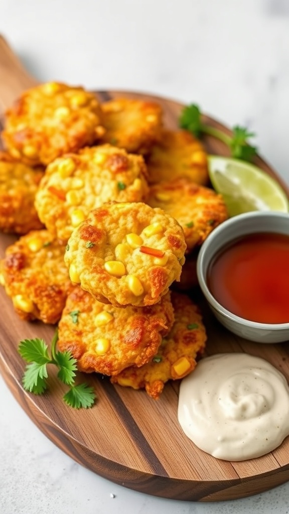 Delicious corn fritters served on a wooden platter with dipping sauces and garnishes.