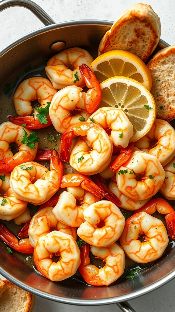 A pan of garlic butter shrimp garnished with parsley and lemon slices.
