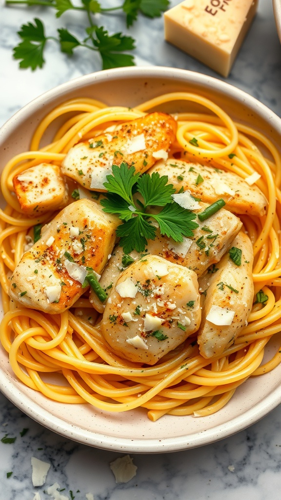 A plate of garlic Parmesan chicken linguine topped with parsley and cheese.