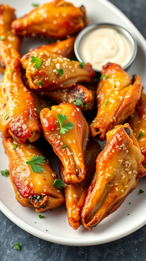 A plate of garlic parmesan chicken wings garnished with parsley