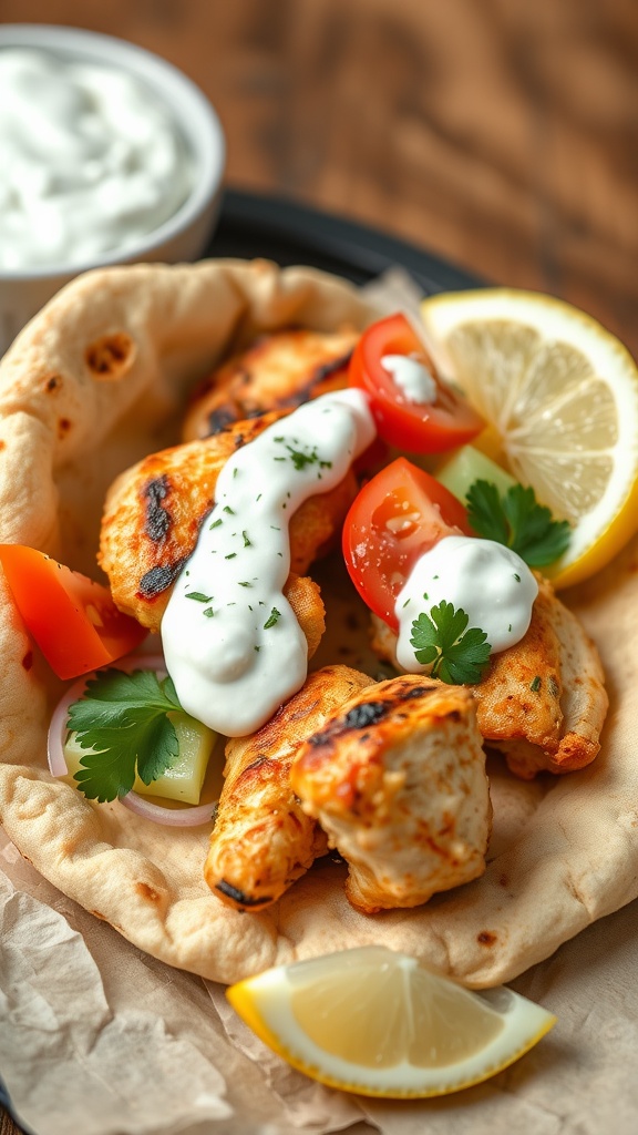 Greek-Style Chicken Gyros served with fresh vegetables and yogurt sauce