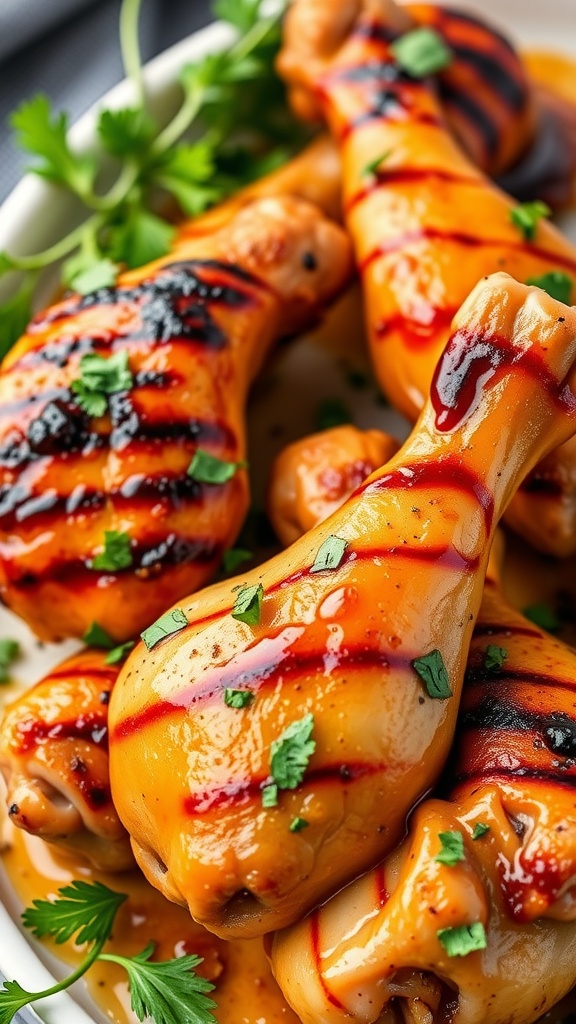 Grilled honey garlic chicken drumsticks with a shiny glaze